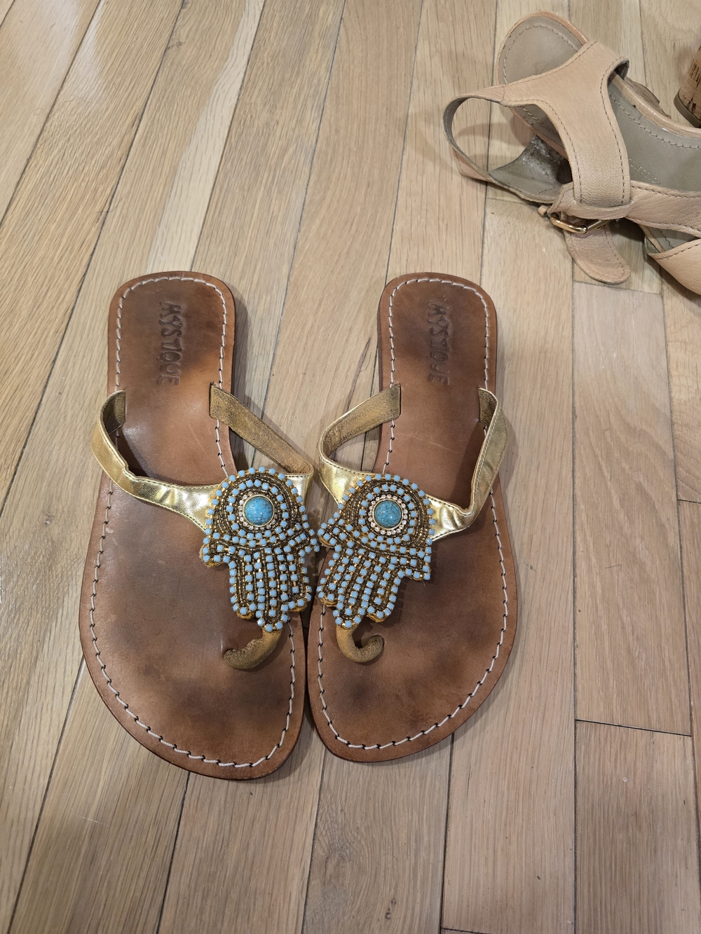 Mystique Boutique Gold Leather Beaded Hamsa Toe-Post Sandals - Gold/Turquoise